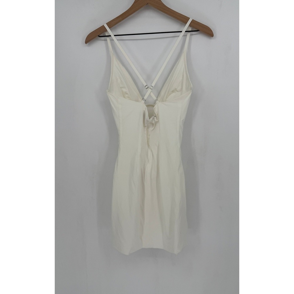 Babyboo Mini Dress Womens Size M White Ruched Side Slit V-Neck Cocktail Party - Picture 5 of 9